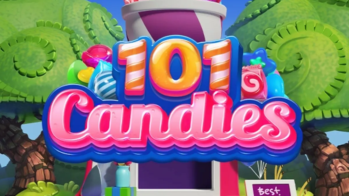 Makulay na interface ng 101 Candies slot game na may mga candy symbols.